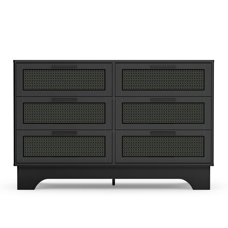 Eumyviv 6 Drawer Dresser, Black Rattan Dresser Chest of Drawers for Living Room Bedroom, Black H0110