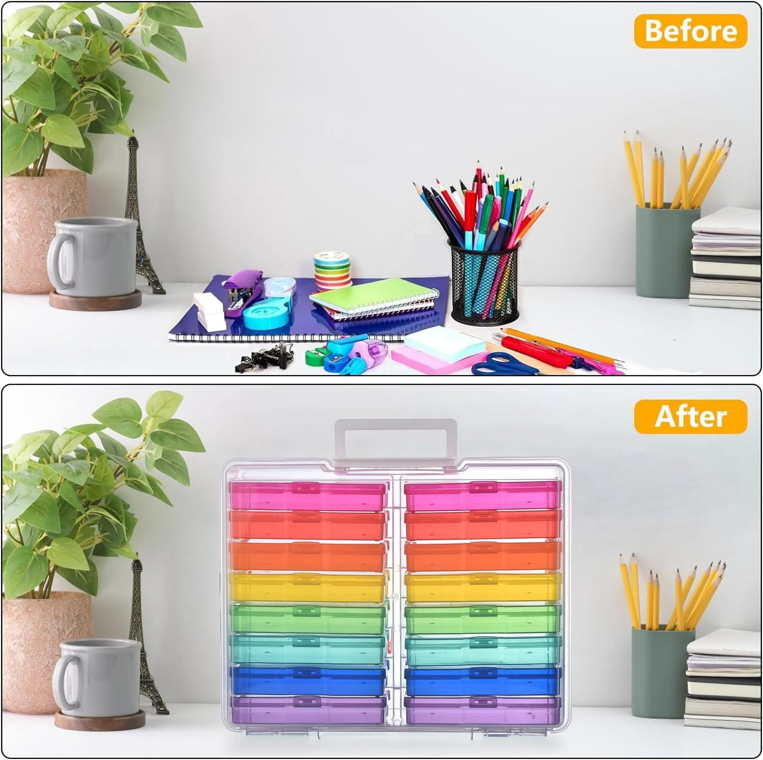 Photo Storage Box with 16 Inner 4" x 6" Photo Case, Portable Storage Organizer with Handle Craft Keeper for Picture, Stickers, Stamps, Screws, Hair Clips, Colored