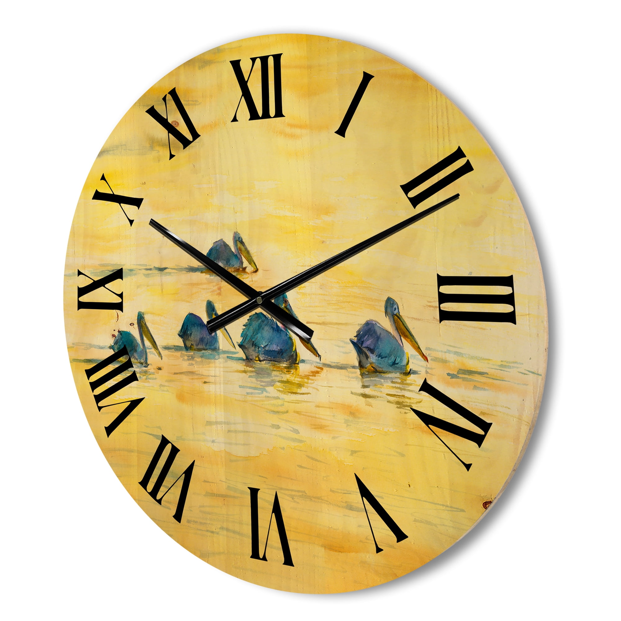 Designart 'Pelicans Birds On The Yellow River' Farmhouse Wood Wall Clock