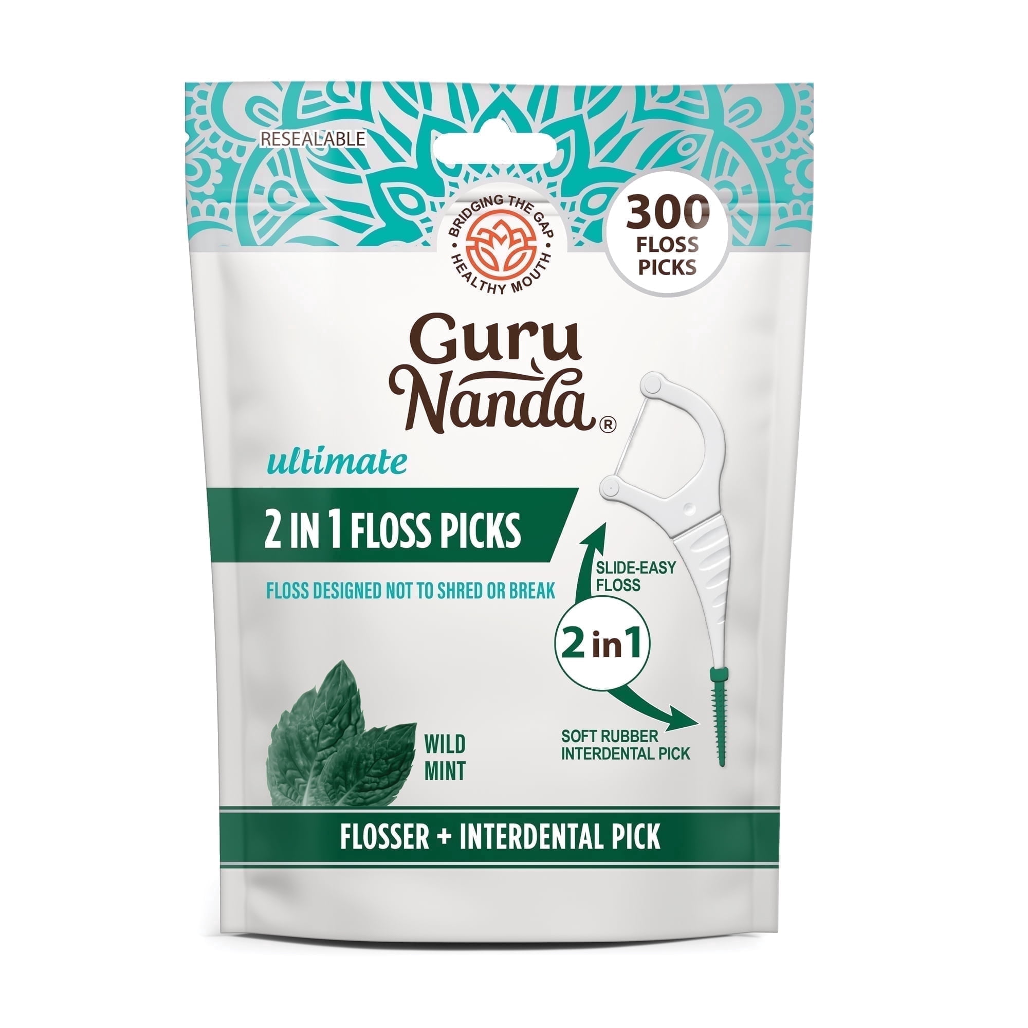 GuruNanda 2-in-1 Dental Floss Picks - Teeth and Gum Cleaning - 300 Count