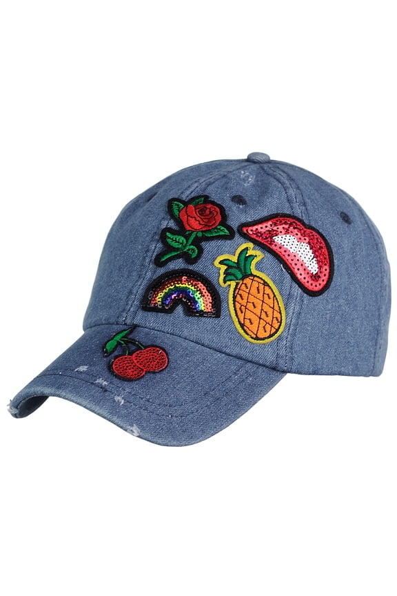Embroidered Multi Patch Adjustable Baseball Cap Hat, Dk Blue Denim