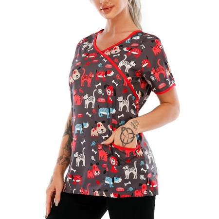 

Summer Basic Tunic Scrub Top Casual Short-sleeve V-neck Dog Cat Printed Pullover Loose Basic Top with Pocket