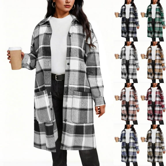 LSLJS Flannel Shirts for Women Long Sleeve Jackets Casual Lapel Button Down Plaid Printed Shirts Trench Coats with Pockets, S-2XL