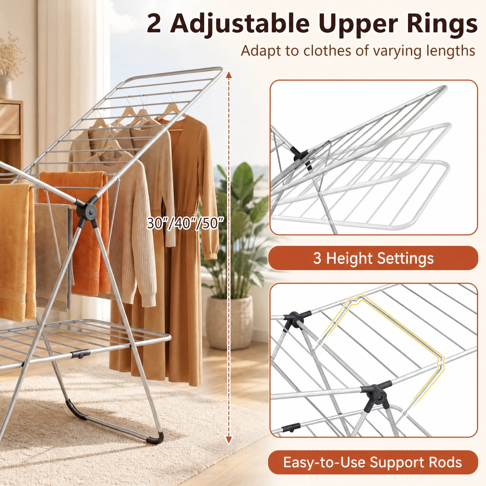 Vebreda Foldable Clothes Drying Rack, Foldable 2-Tier Clothes Drying Rack Heavy-Duty Aluminum Stainless Steel Laundry Airer, laundry drying rack