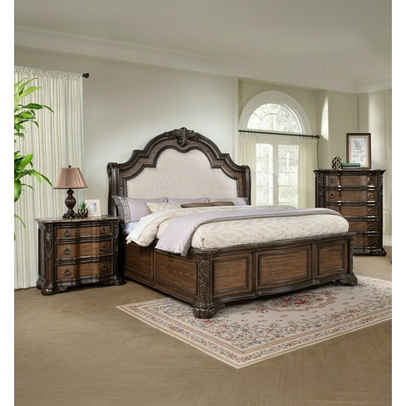 Formal Rich Wood Genuine Marble Tops 3pc Queen Upholstered Bed Chest Nightstand Set