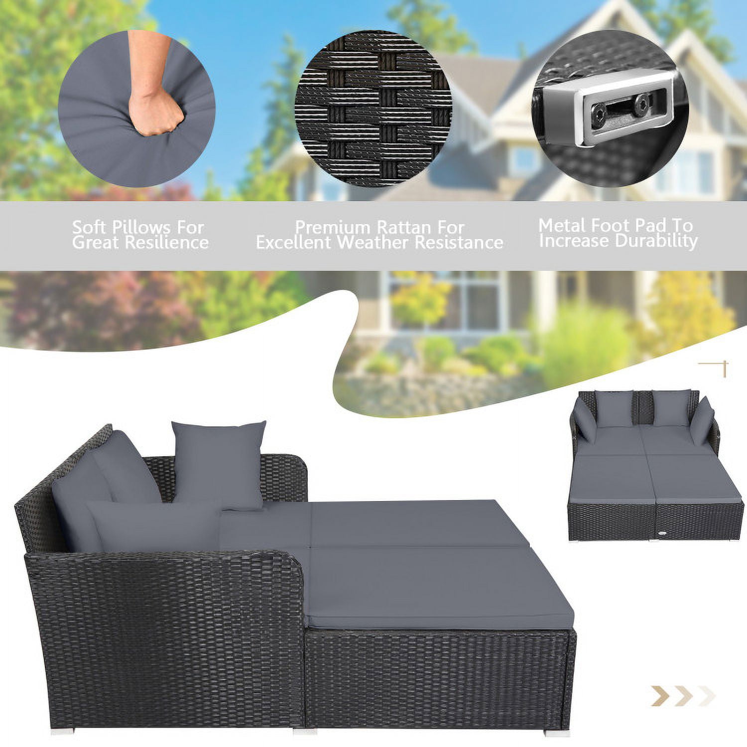 Aimee Lii Spacious Outdoor Rattan Daybed with Upholstered Cushions and Pillows, Outdoor Deck Furniture, Gray Aimee Lii Spacious Outdoor Rattan Daybed with Upholstered Cushions and Pillows, Outdoor Deck Furniture, Gray