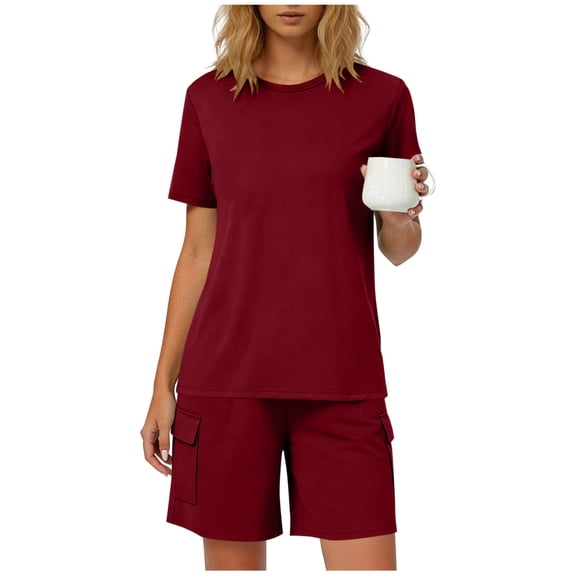Aimik Comfy Pajamas Sets for Women Summer Womens Plain 2 Piece Sets Crew Neck Short Sleeve Tops and Shorts Casual Loose Suits