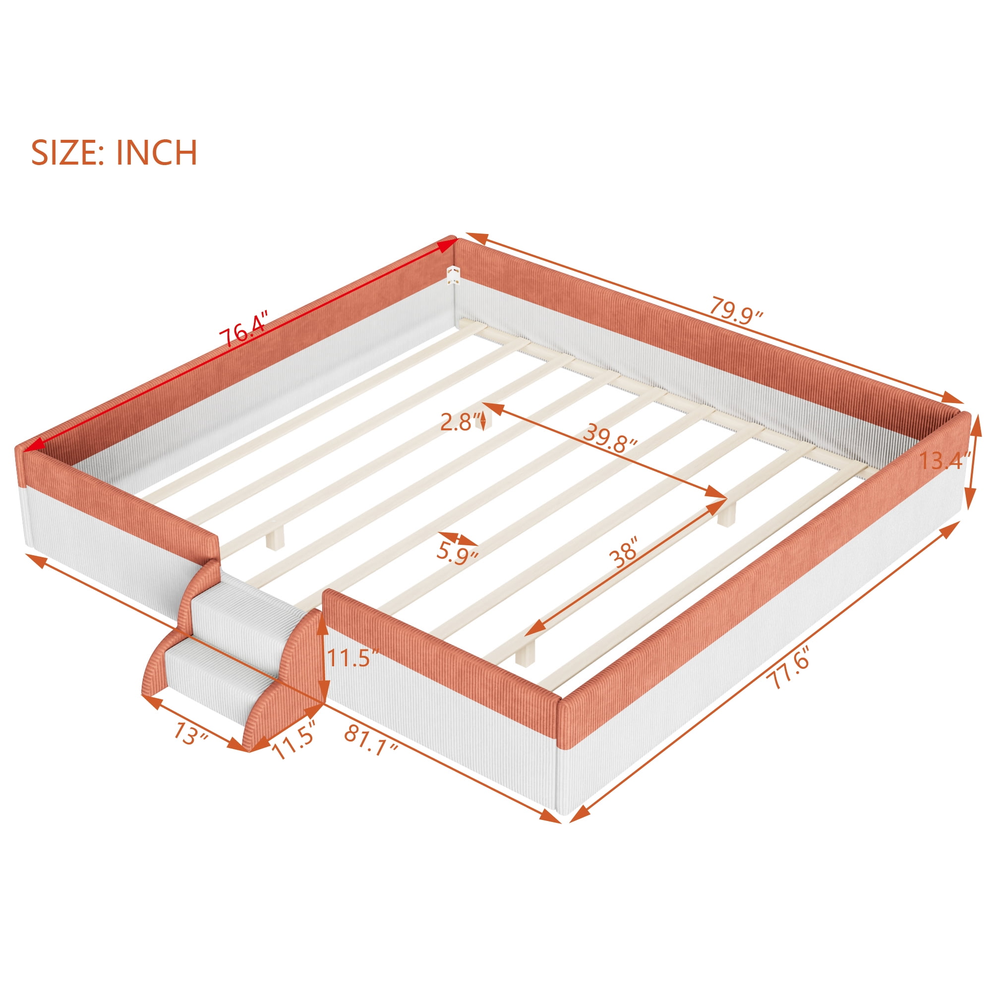 Howcool King Size Corduroy Upholstered Floor Bed with Fence and Smart LED Lights,2-Tier Steps Platform Bed Frame,Brown+White