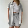 thumbnail image 5 of Fmbrln Womens Summer 2 Piece Sets Casual Turndown Collar Button Short Sleeve Shirts and Drawstring Elastic High Waist Shorts Sets Lounge Outfits Gray 2XL, 5 of 5