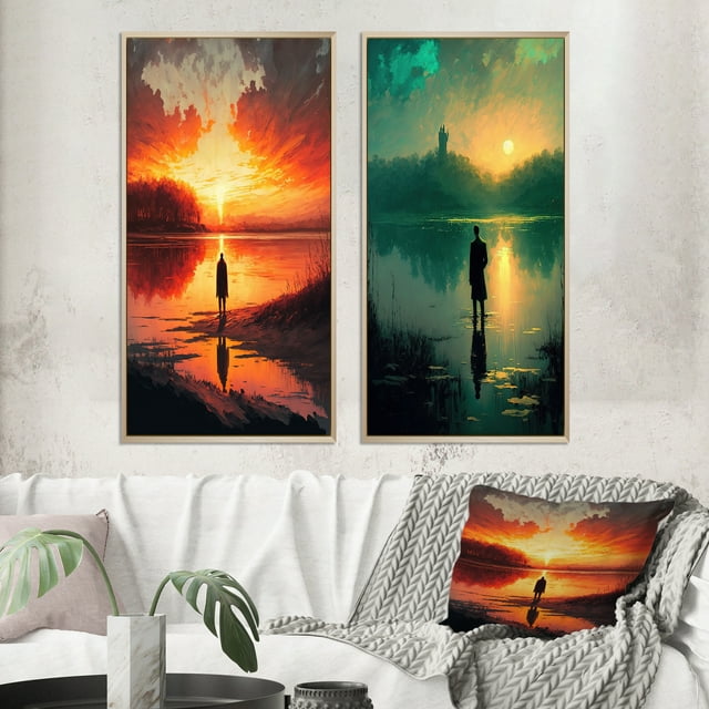 Designart "Glorious Sunset Viewed by Lakeside I" Landscape Lake Framed Wall Art Set Of 2 - Traditional Orange Gallery Wall Frame Set For Home Decor