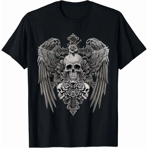 Men's Gothic Winged Skull Rose Cross Graphic T-Shirt