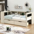 thumbnail image 3 of Wood Twin Size Platform Bed with Storage Shelves, Drawers, Charging Station and Upholstered Headboard, Cream, 3 of 9