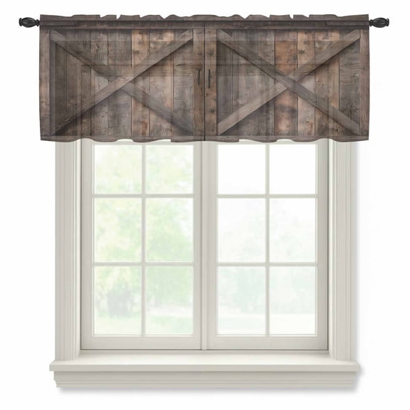 Farmhouse Sheer Valances for Windows, Brown Country Style Barn Door Distressed Wood Grain Semi Sheer Kitchen Valance Rod Pocket Small Voile Window Curtains for Living Room Bedroom 60 x 18 Inch
