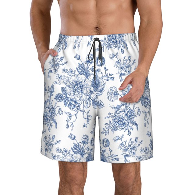 Wukai Rose Flowers Print Beach Trunks with Compression Liner Swimsuit Quick Dry Beach Sports Shorts with Pocket-3X-Large