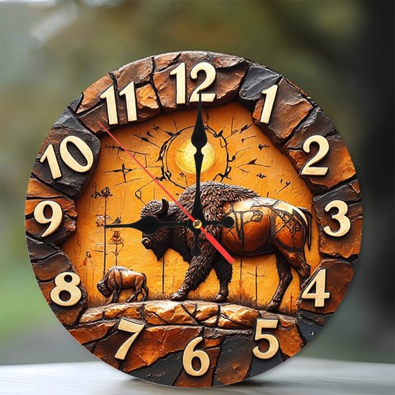 Stone Bison Wall Clock Rustic Decor Home Clock 10-Inch Silent Wooden Wall Clock, Battery Operated (AA Batteries Not Included), Artistic Home Decor
