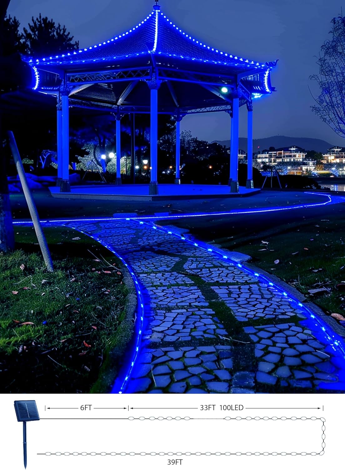 Solar Rope Lights, 2 Pack  IP65 Waterproof Solar Outdoor Lights, Solar Powered Fairy Lights with 8 Lighting Modes for Party Garden Yard Home Holiday Tree Decoration