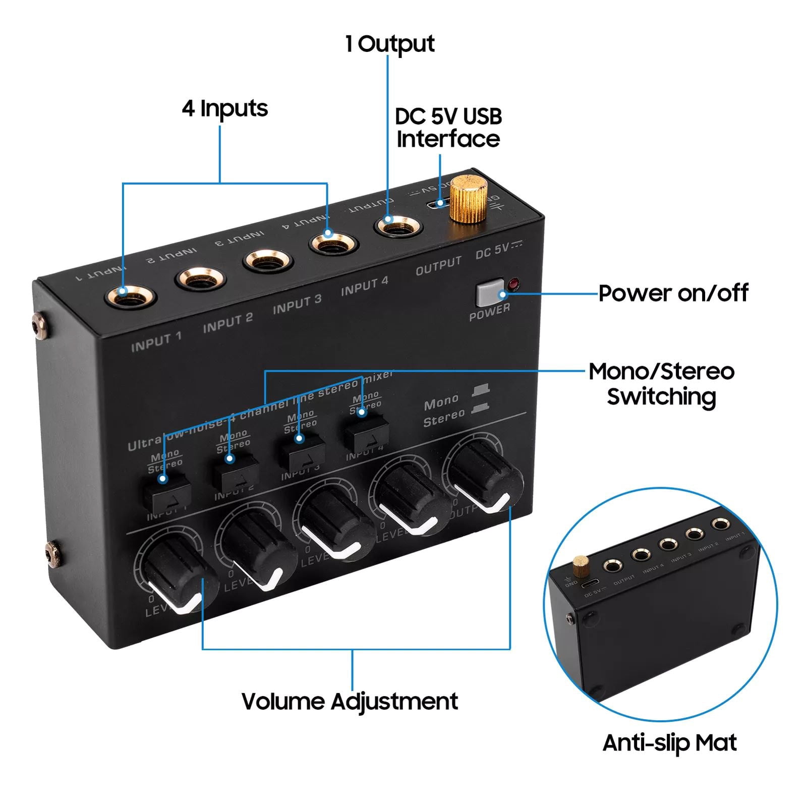CSYANXING Reliable 4-Channel Audio Mixer for Line-Level Signal Mixing with Excellent Audio Performance and Low Distortion