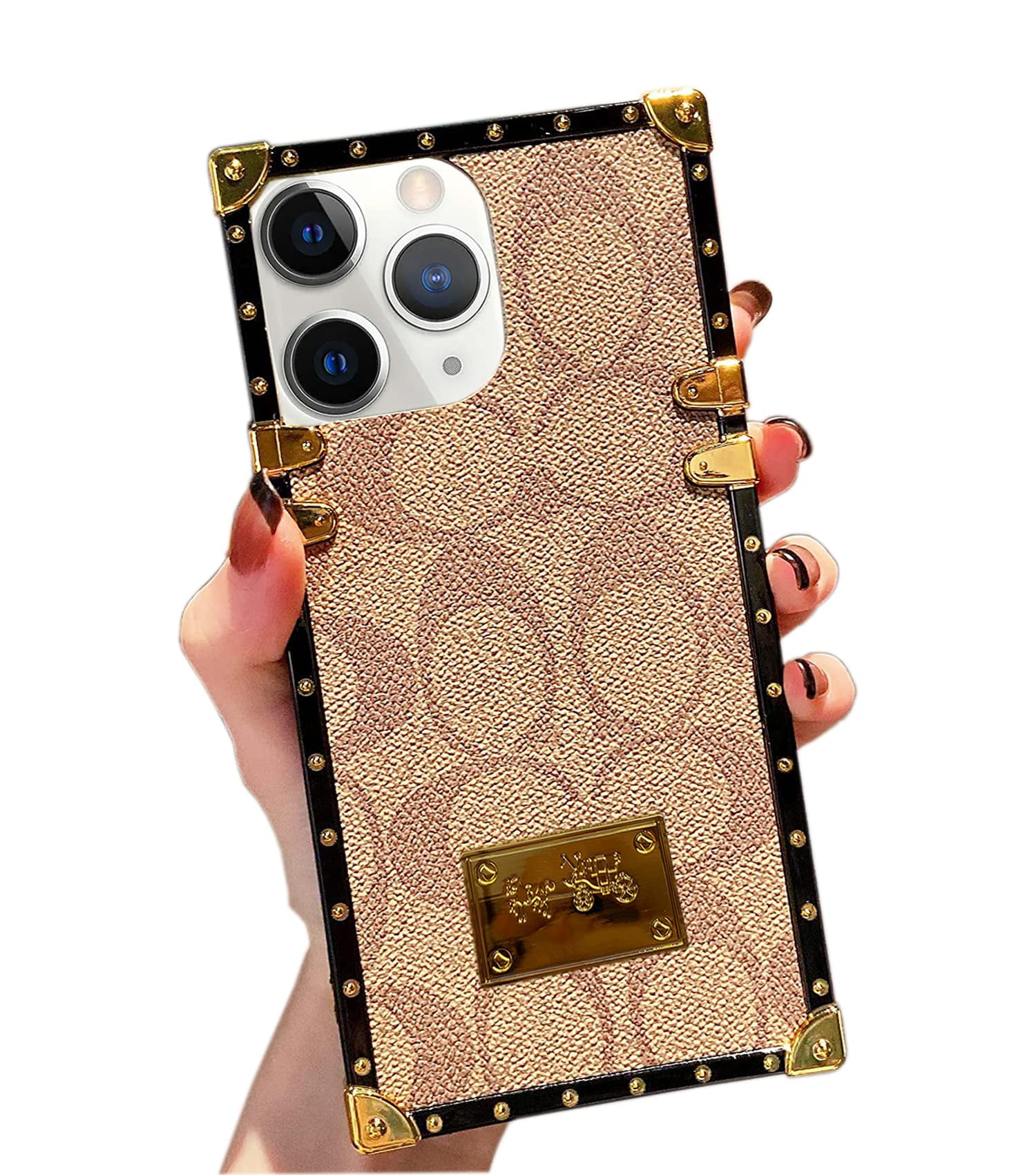 Designer Case Compatible with iPhone 12 Pro,Luxury Aesthetic Classic  Pattern Leather Back Cover Soft Frame Metal nameplate Cute Light Brown
