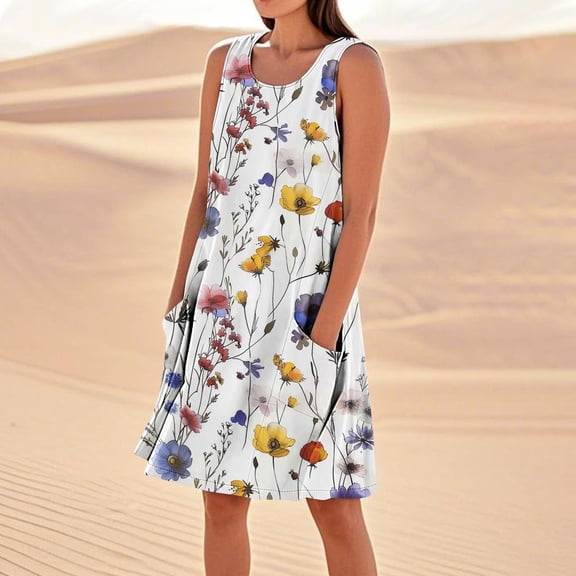 Drovellove Women's Casual Summer Dress 2026 Sleeveless Branch Floral Print Plus Size Shift, Scoop Neck Loose Tank Beach Sundress with Pockets Cotton Linen Casual Beach Beach Swim Cover Up