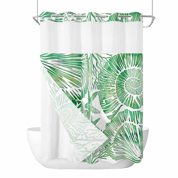 Green Coastal No Hook Shower Curtain with Snap in Liner, Waterproof Fabric Shower Curtains, Summer Beach Nautical Starfish Shell Coral Shower Curtain Set Top See Through for Bathroom 60"x72"