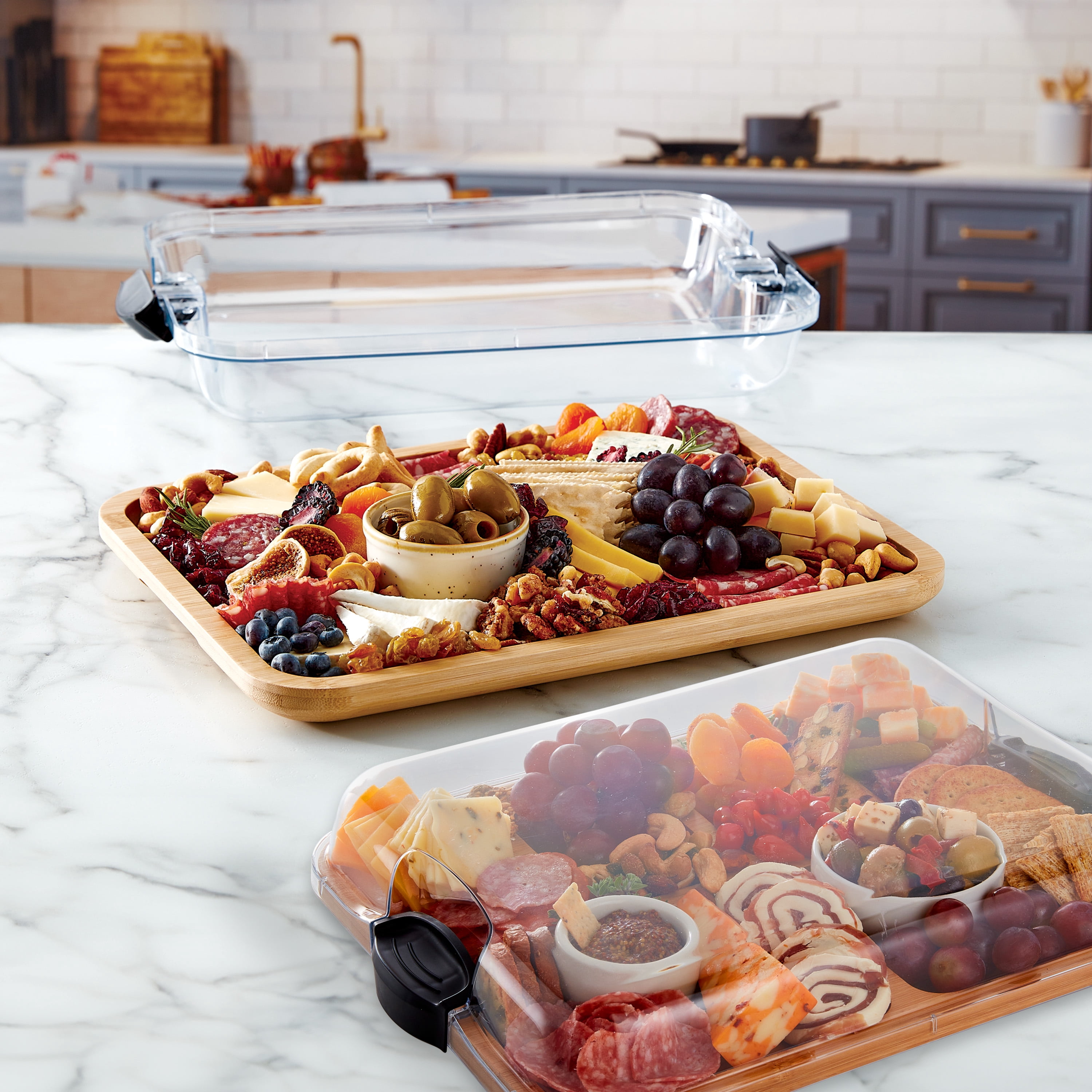 Farberware Build-a-Board 11x14-Inch 2-Piece Bamboo Charcuterie and Snack Board Set with Clear Locking Lids