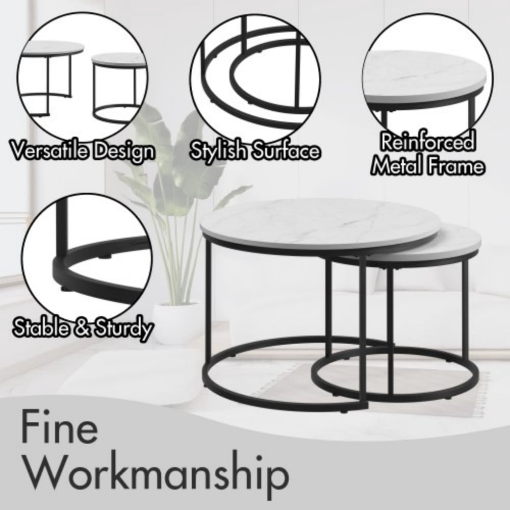 27.6" Nesting Coffee Table Set of 2, Round Wood Marble Pattern Top with Sturdy Metal Frame, Stackable End Tables for Living Room, Bedroom, Office, White & Black