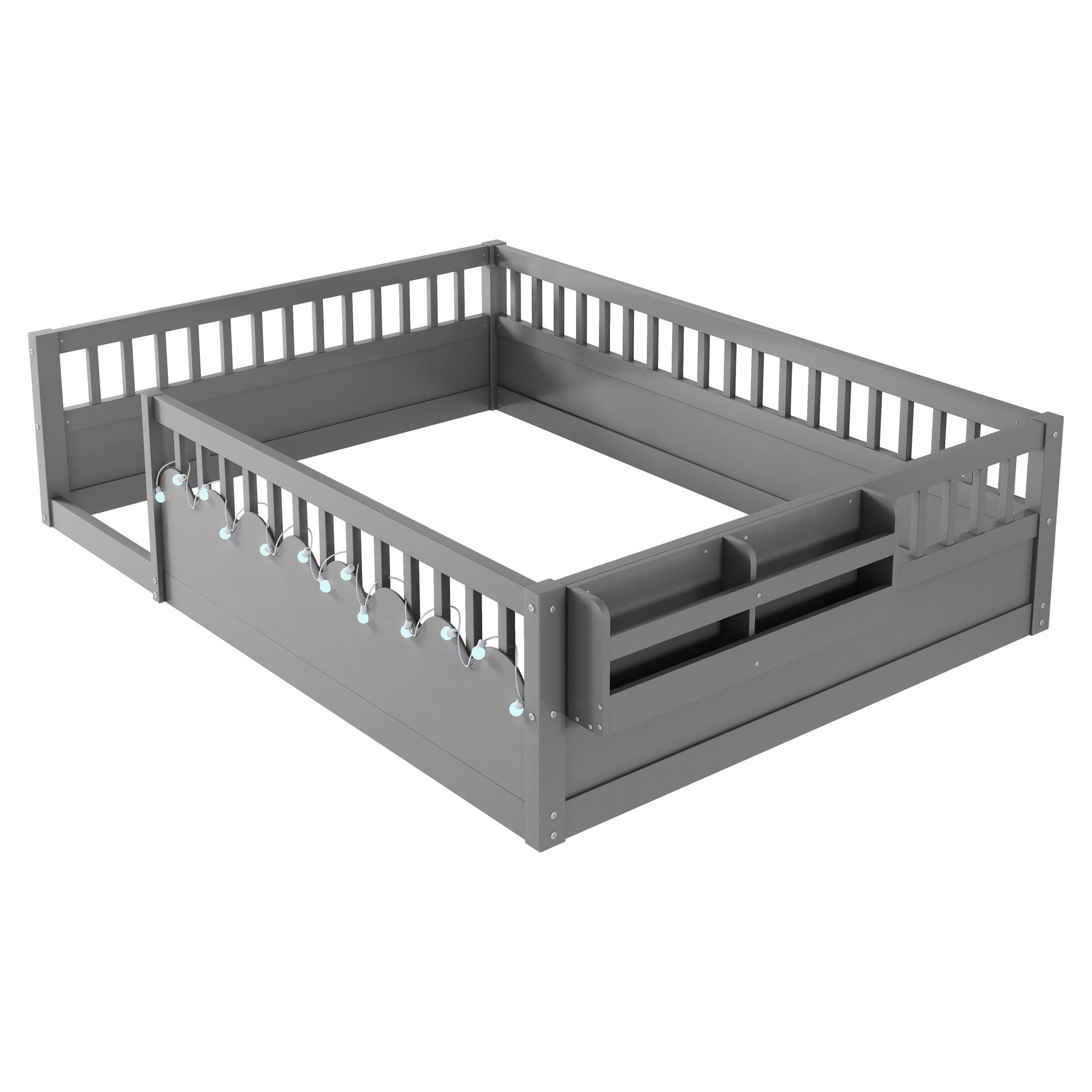 Euroco Wood Full Size Montessori Floor Bed with Guardrails and LED Light, Kids Bed with Storage Shelves, Gray