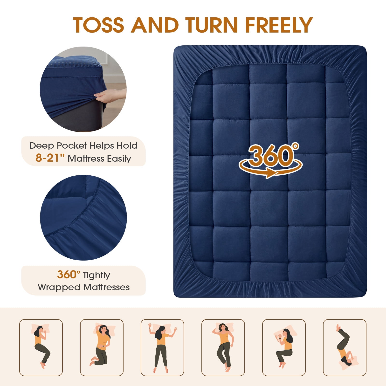 Vccoem Extra Thick Mattress Topper Full, 2" Cooling Pillow Top & Deep Pocket 8-21", Plush Mattress Pad Cover for Breathable Comfort, Navy