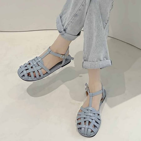 

LnjYIGJ Women s Sandals New Style Flat Roman Sandals Casual Woven Buckle Toe Cap Sandals Women