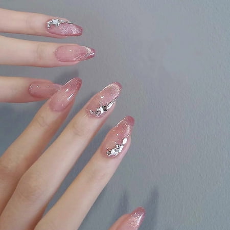 SP-24 Pomegranate Crushed Ice 10 Pieces Phototherapy Handmade Wearing Nail Pink Cat's Eye Dazzling Finished Nail Art Wholesale