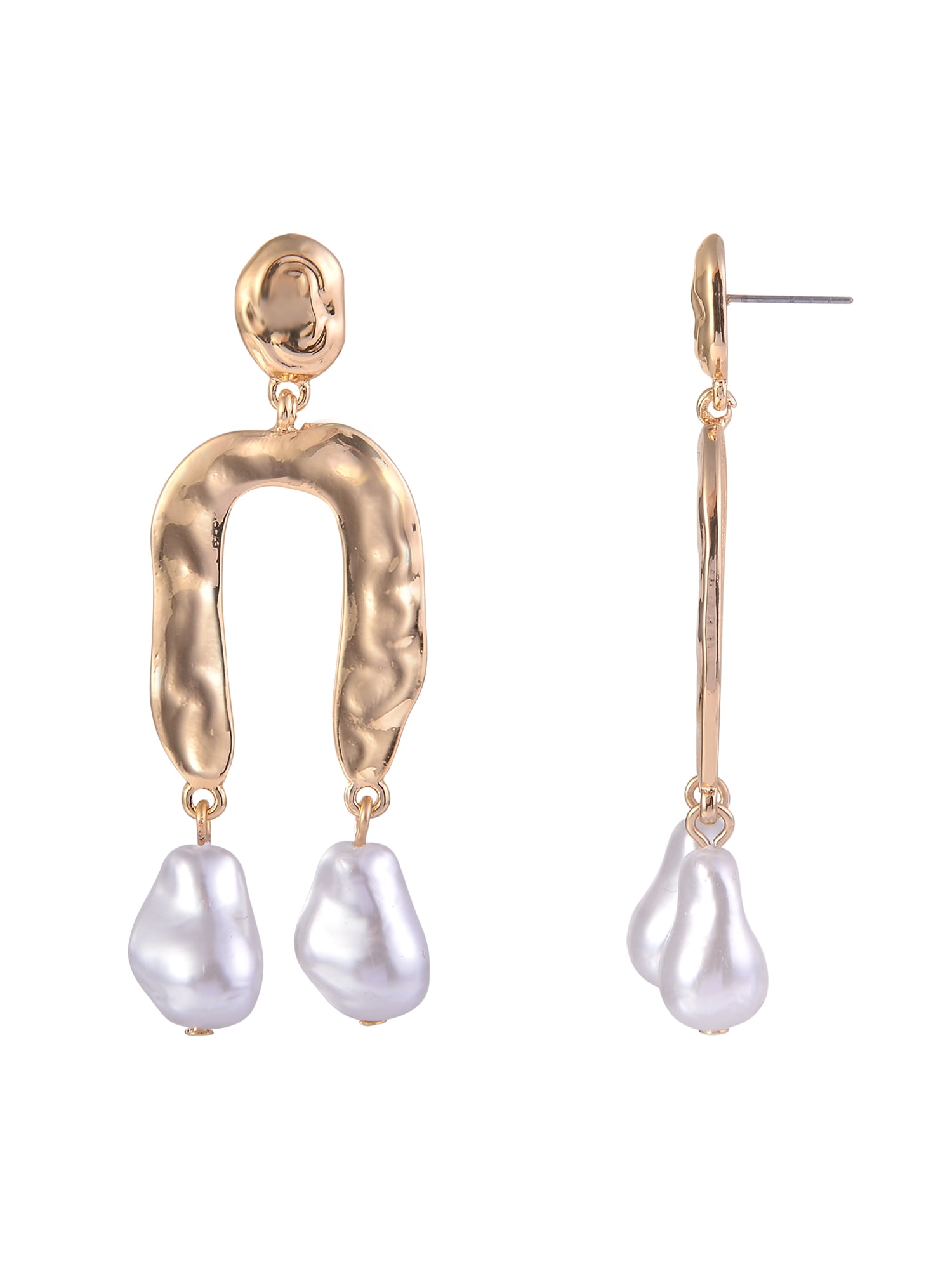 Time and Tru Women's Hammered Metal Acrylic Pearl Goldtone Post Drop Earrings