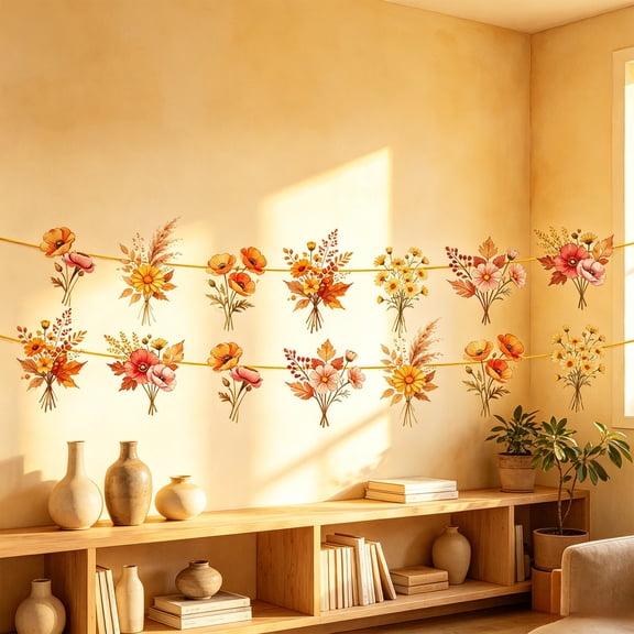 Fall Floral Moth Paper Bunting Garland, Thick Reusable Thanksgiving Hanging Banner, Warm Autumn Floral Decor for Wall Window Mantel Table Backdrop Harvest