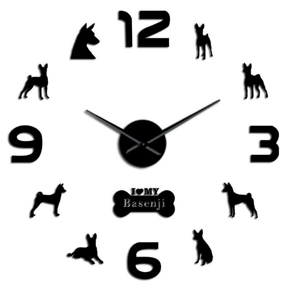 Basenji African Bush Dog Large DIY Wall Clock Barkless Doggie Ango Angari Congo Zande Puppy Pet Wall Stickers Watch Living Room(Black,27inch)