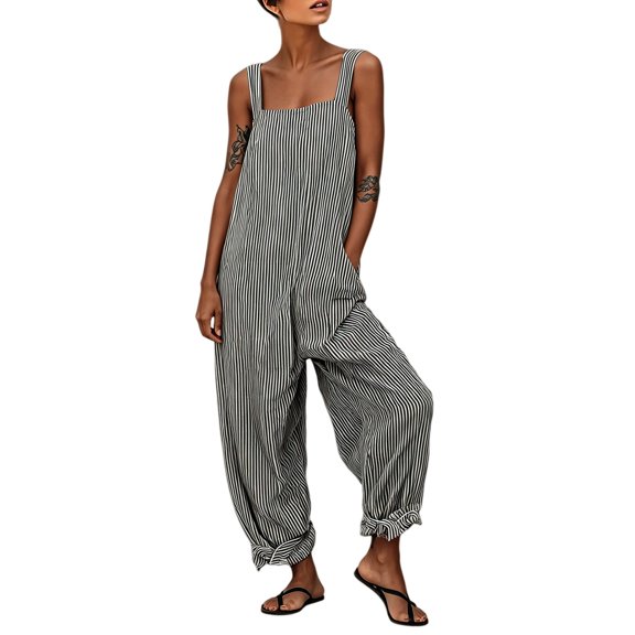 Pumxq Women's Summer Jumpsuits Striped Wide Leg Overall Casual Straps Button Loose Maxi Rompers with Pockets Black L