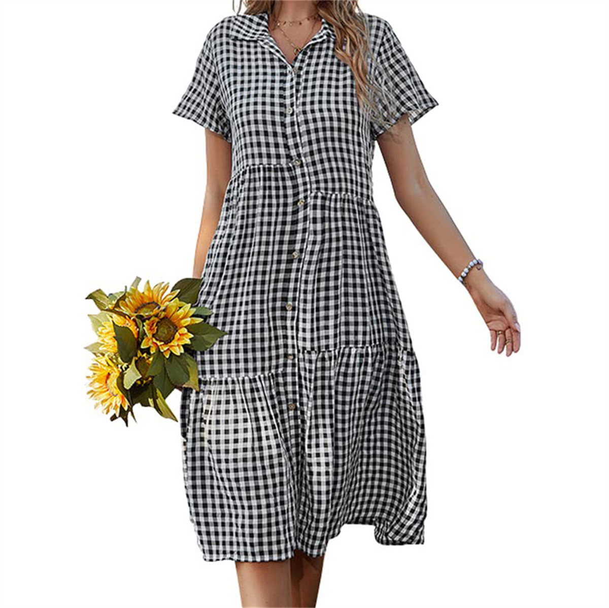 Chouyatou Women's Summer Flutter Sleeve Midi Long Gingham Dress Plaid