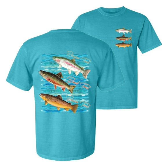 Wild Bobby, Classic Rainbow Brook Brown Trout Fish Trio, Fishing, Front and Back Garment-Dyed Short Sleeve Tees, Blue Lagoon, Small