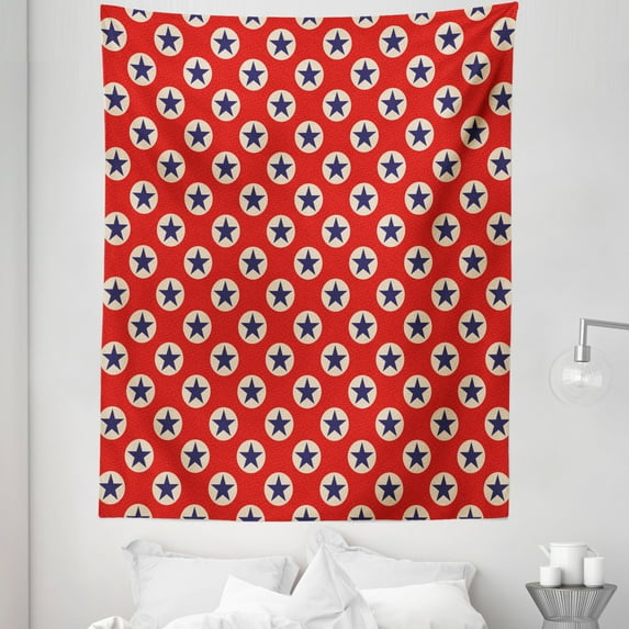Prehistoric Country Tapestry, Star Big Dots Retro American Flag Inspiration Art, Fabric Wall Hanging Decor for Bedroom Living Room Dorm, 5 Sizes, Scarlet Navy Blue Cream, by Ambesonne