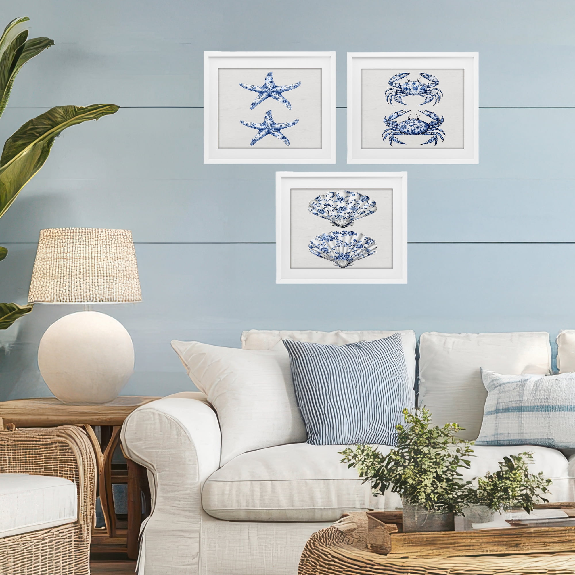 Vintage Toile Starfish & Crabs 3 Piece White Framed Print Under Glass Set, design by Lettered and Lined