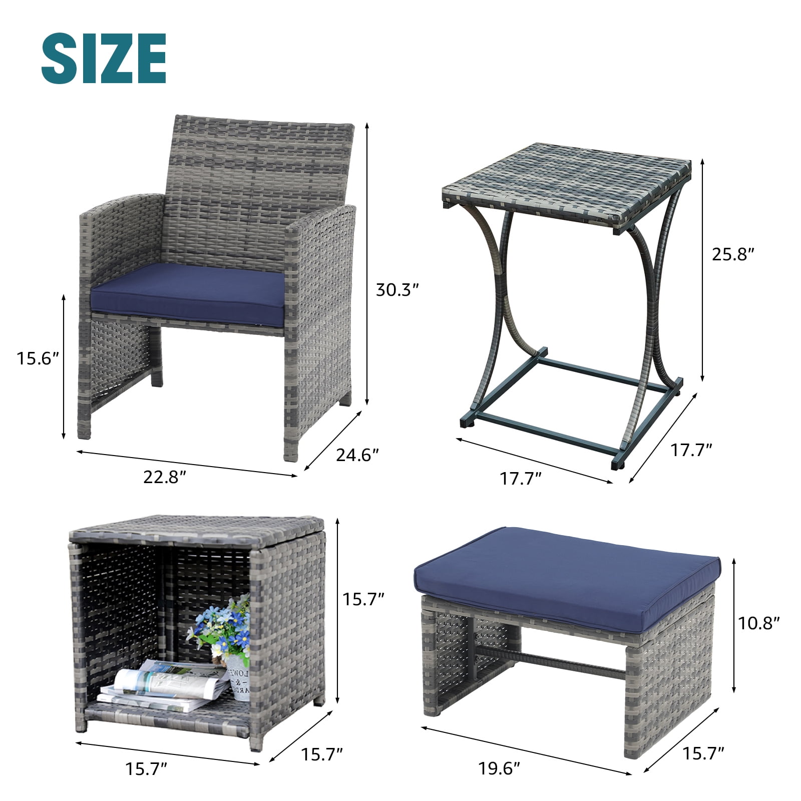 JOIVI 6 Piece Patio Furniture Conversation Set, with Ottoman, Outdoor Grey Wicker Chair and Table Set, Navy Blue