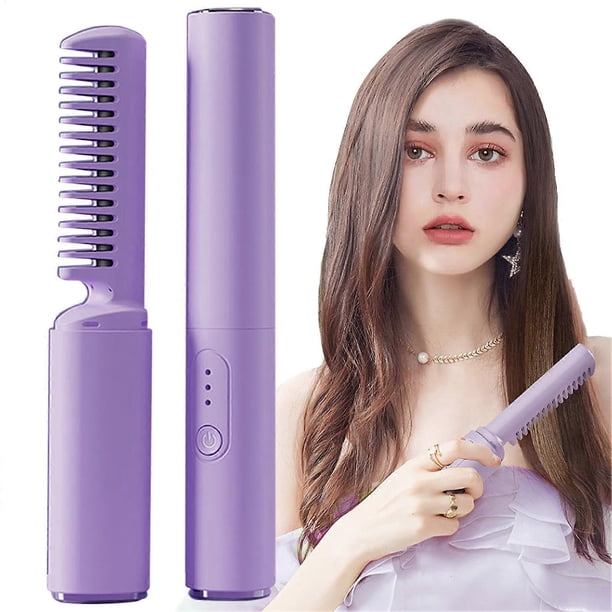 Cepillo alisador de pelo inalámbrico con peine cerámico de calentamiento rápido, recargable, ideal para viajes.