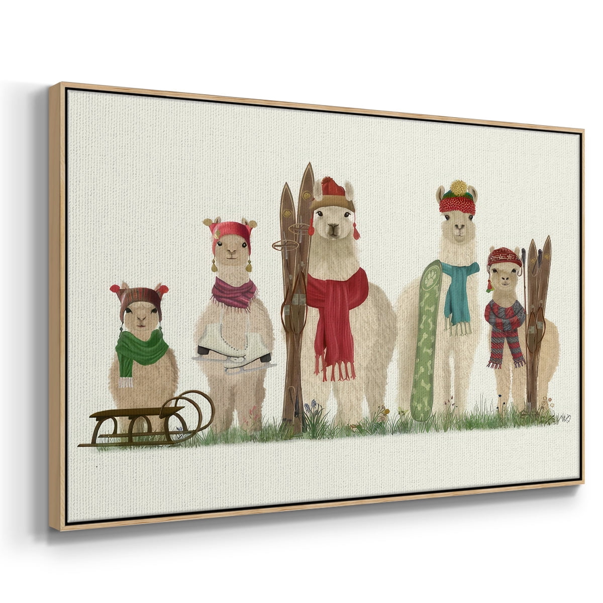 Llama Family Winter Sports - Framed Gallery Wrapped Holiday Canvas - 17 x 25 - Natural Wood Frame