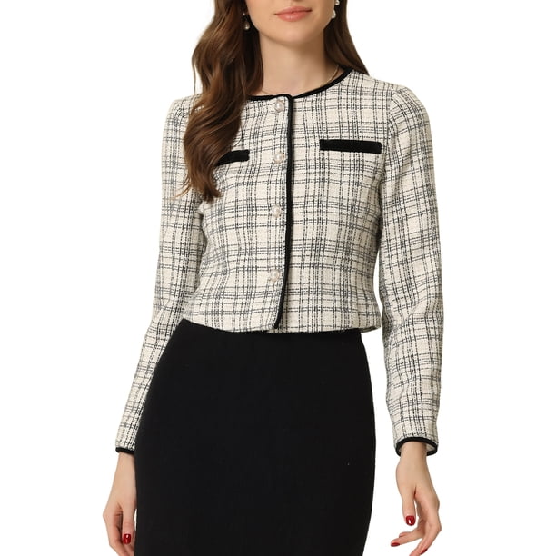 CHAQUETA DE TWEED CON CUELLO REDONDO Y CIERRE DE BOTONES PARA MUJERES INSPIRADAS CHIC, MANGA LARGA, TALLA XS, NEGRO Y BLANCO