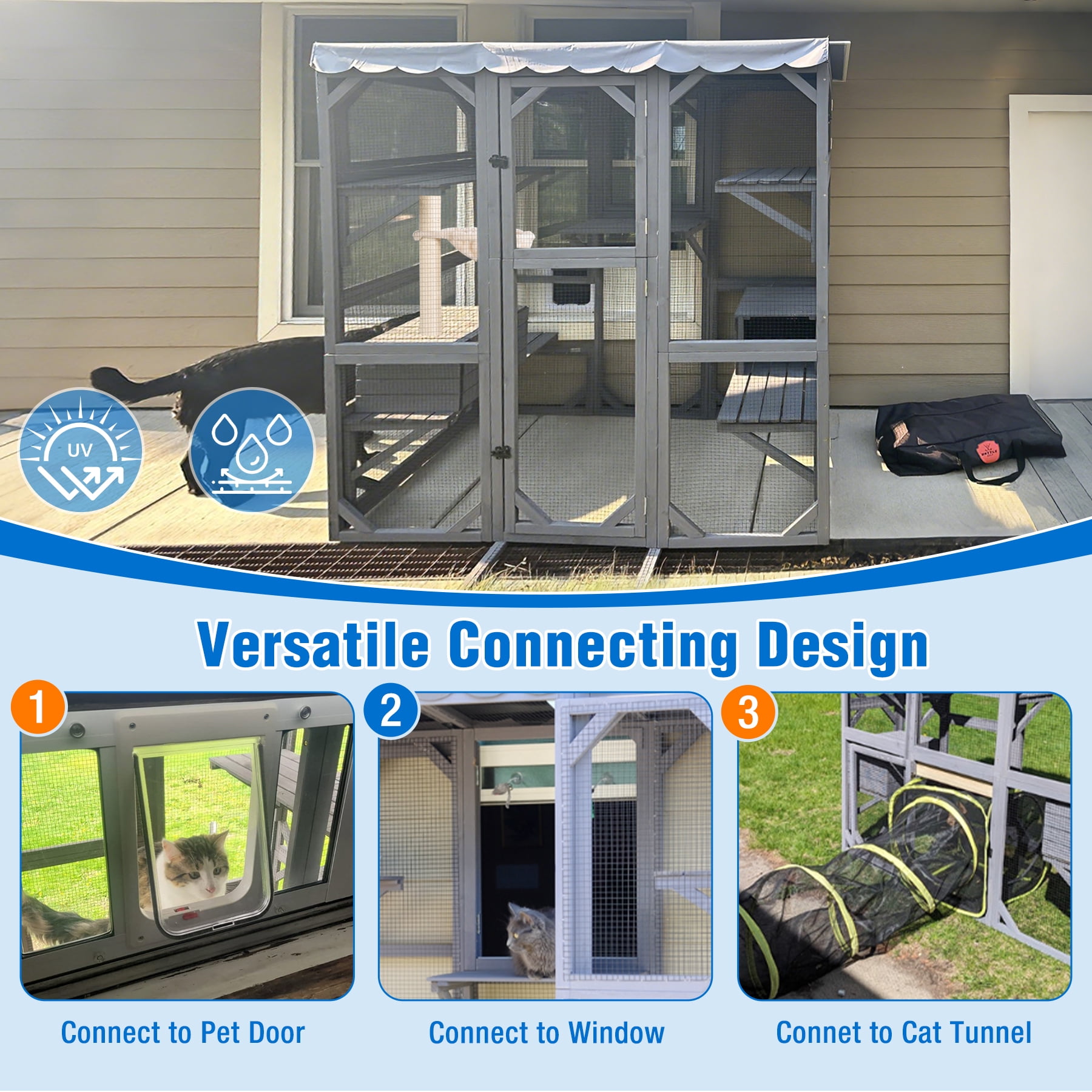 Suumerpety Catio Outdoor Cat Enclosure 70" Large Wooden Cat House with Weatherproof Roof & 7 Platforms & 2 Condons Window Catio for Indoors and Outdoors Gray