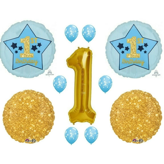 First 1st Blue Gold Happy Birthday Party Balloons Decorations Supplies Stars Glitter…