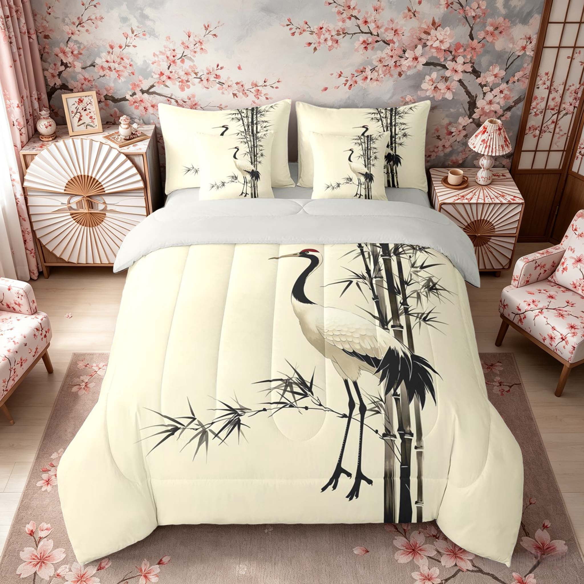 Manfei Ink Crane Bedding Comforter Set for Teens, Bamboo Queen Bedding Sets, Beige Black White, Gray Reversible 7pcs
