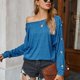 thumbnail image 2 of Camiseta de manga larga de color puro para mujer, blusa holgada informal con estilo y cuello redondo, blusa decorativa con botones para el trabajo diario, azul S, 2 of 6