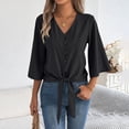 thumbnail image 6 of Vynhevius Womens 3/4 Sleeve Blouses V Neck Button Front Tie Hem Flared Solid Loose Casual Pullover Shirts, 6 of 8