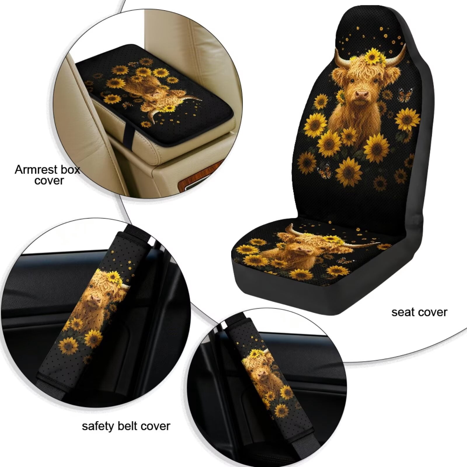 Xixirimido Leather Seat Cover Front Seats Only, Universal Fit Auto Front Seat Covers for Sedan Van SUV Truck 5 Pcs Set with Seatbelt Covers & Center Console Cover, Black Highland Cattle Sunflower