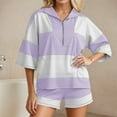 thumbnail image 2 of Women's Striped Shorts Suit V Neck Oversized Shirt and Shorts Casual Summer Activewear 2 Piece Set Purple XXL, 2 of 6