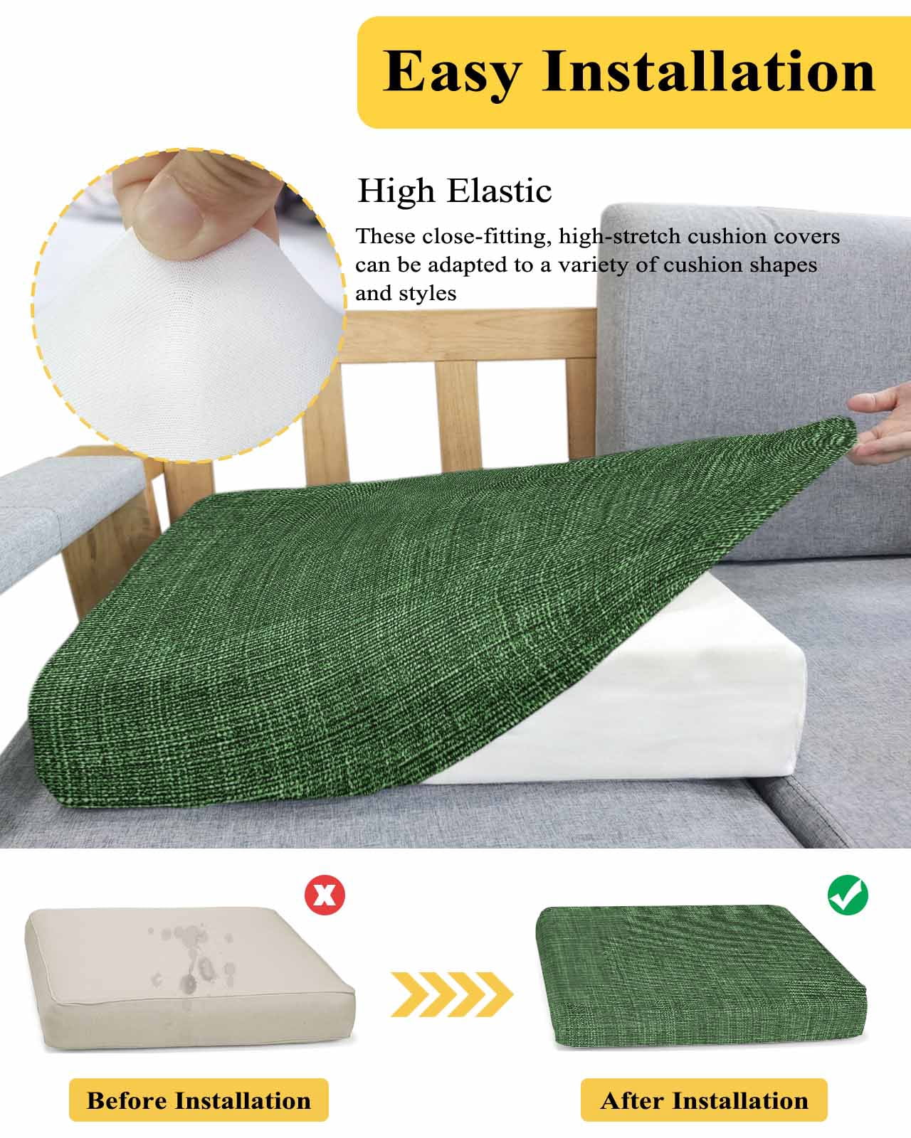 Dark Green Burlap Texture Couch Cushion Covers Stretch, Washable Sofa Seat Covers Individual Seat Cushion Sofa Slipcovers Farmhouse Vintage Green Couch Cover Furniture Protector S-3PCS